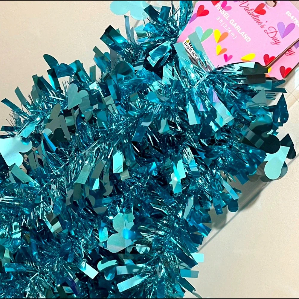 ♥️ Set of 2 Valentine’s Day Heart Tinsel Garland Strands - TEAL - 18ft. total